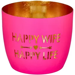 Madras Windlicht M Happy Wife neonpink/gold