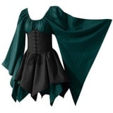 YEBIRAL Damen Mittelalter Kleid mit Trompetenärmel Gothic Retro Kleid Renaissance Cosplay Kostüm Gebunden Taille Übergröße Kleid Karneval Party Halloween Kostüm - XL