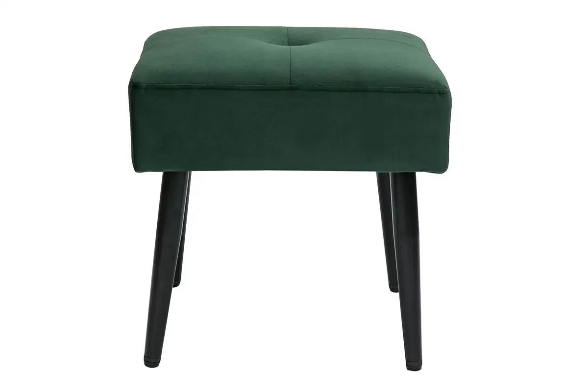 Tabouret bas en tissu effet velours texturé vert foncé et métal noir H46 cm GUESTA