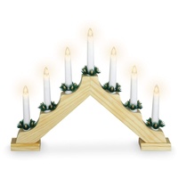 Holz Schwibbogen mit 7 LED Kerzen und Timer - 39,5 x 31 cm - Batterie Adventsleuchter Lichterbogen Kerzenbrücke Fenster Deko