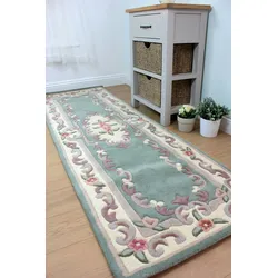 Kadima Design Traditioneller Wollteppich `Beauly` mit Handgeschnitzten Details. Farbe: Grün-Beige, 67x210 cm