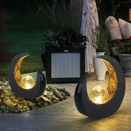 GLOBO Solarlampe Gartendeko Skulptur LED Mondsichel Solarleuchte Garten, Glaskugel Crackle, 2er Set