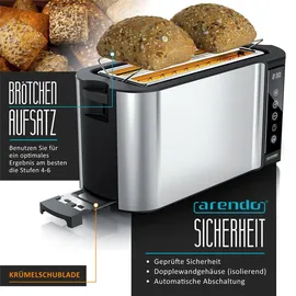 Arendo Toaster, 2 lange Schlitze, für 4 Scheiben, 1500 W, Langschlitz, Brötchenaufsatz, Wärmeisoliertes Gehäuse, Display, Touch, silber - Silber