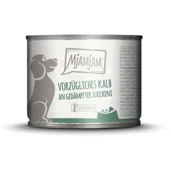 MJAMJAM Leckere Mahlzeit 200g Dose Hundenassfutter 6 x 200 Gramm vorzügliches Kalb an gedämpfter Zucchini