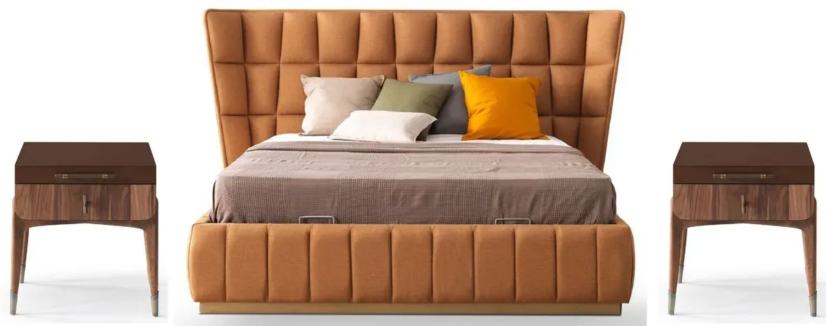 Casa Padrino Luxus Schlafzimmer Set Hellbraun / Braun - 1 Doppelbett mit Kopfteil & 2 Nachtkommoden - Luxus Schlafzimmer Möbel - Luxus Schlafzimmer Einrichtung