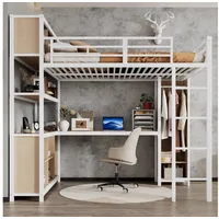 Odikalo Hochbett 140x200 Metallbett mit Schreibtisch Jugendbett Kinderbett (Eisenbett, Hochbett, Doppelstöckiger Stauraum unter dem Schreibtisch, Oberes Bett mit Stauraum, Mit Kleiderschrank, Eisen + Spanplatte, Schwarz / Weiß, 140x200cm)