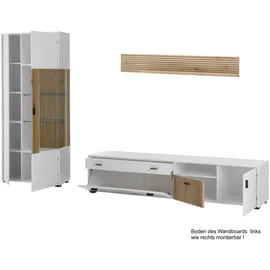 Home Affaire Wohnwand HOME AFFAIRE "HUDSON", weiß (weiß matt tz, applikation evoke eiche mdf tz), B:285cm H:180cm T:42cm, Kastenmöbel-Sets, Wohnwand, mit moderner Rillenoptik, Griffe aus Metall (Schwarz), Breite 285 cm