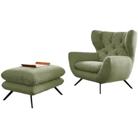 KAWOLA Hochlehnsessel CHARME Cord 72 x 100 x 80 cm Grün mit Hocker