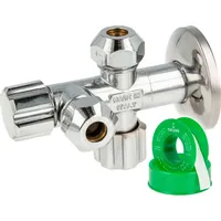 tecuro Doppeleckventil Eckventil 1/2 Zoll (DN 15), mit 2 x QV Ø 8 mm / 1/2 Zoll Abgängen, einzeln absperrbar - Messing verchromt