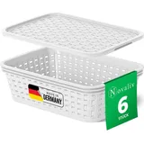 Novaliv 6er Set Aufbewahrungsboxen mit Deckel Mini 1L Korb Weiß in Rattan Design Lebensmittelecht Aufbewahrungskorb Stapelboxen Nestbar Kunststoff...