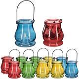 Relaxdays Windlicht, 12er Set, aus Glas, Henkel zum Aufhängen, innen & außen, Teelichthalter, HxD 9,5x8,5 cm, Mehrfarbig