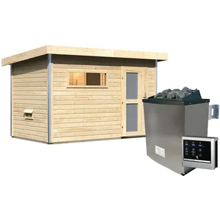 Gartensauna Pultdach Saunahaus Skrollan 1 mit Vorraum-9 kW Ofen inkl. Steuergerät-Milchglas-Saunatür (blickdicht)