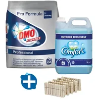 Waschmittelset Omo Advance inkl. Weichspüler und Klammern hochwertiges Vollwaschmittel, Weichspüler, 50 Wäscheklammern
