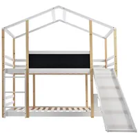 kowdom Kinderbett Kinderbett Baumhaus Hochbett mit Rutsche & Leiter 90x200cm Natur (Set, Bettgestell + 2 Lattenroste + Rutsche + Leiter), Baumhaus-Design, Rutsche, Leiter, Tafel, EN 747-1:2024 weiß