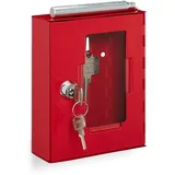 Relaxdays Schlüsseltresor & Schlüsselschrank, Notschlüsselkasten, mit Glasscheibe Glasbruchhammer, abschließbar, Metall, Notfallschlüsselkasten klein, rot, 1 Stück