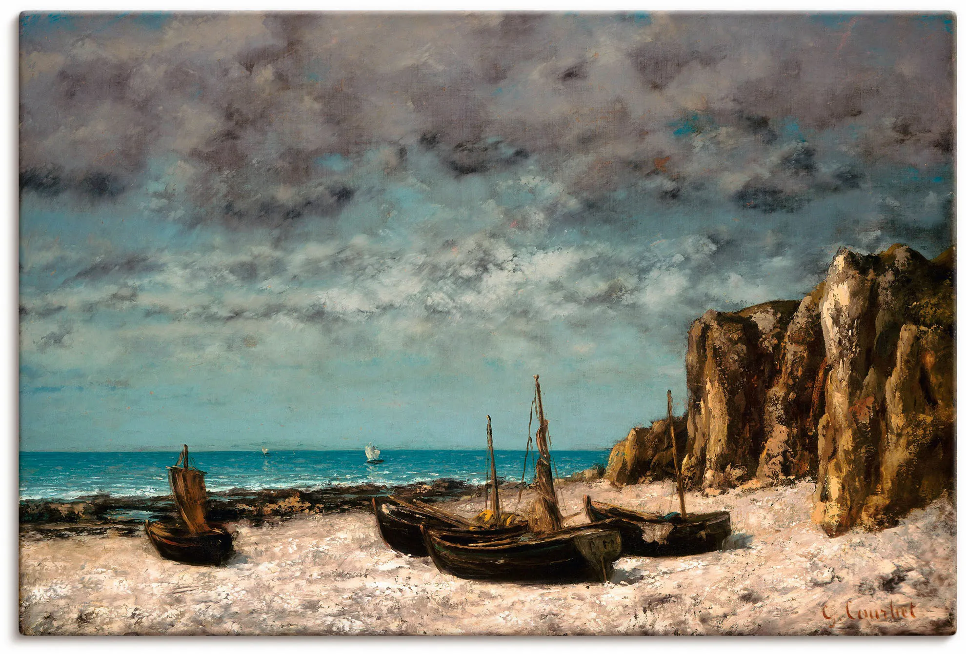 Wandbild ARTLAND "Boote am Strand von Etretat. Um 1872/75" Bilder Gr. B/H: 90 cm x 60 cm, Leinwandbild Bilder von Booten & Schiffen Querformat, 1 St., braun als Leinwandbild, Poster in verschied. Größen