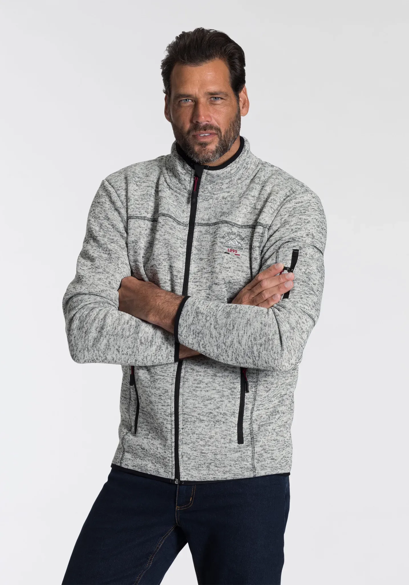 Strickfleecejacke MAN'S WORLD, Herren, Gr. XXL (60/62), grau (hellgrau meliert), Obermaterial: 100% Polyester, normal, Jacken, für die Übergangszeit, mit Reißverschlusstaschen, mit Stehkragen