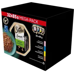 SHEBA Sauce Collection Auswahl an Geschmacksrichtungen 32x85 g Schalen in Sauce mit Lachs, Thunfisch, Huhn, Ente