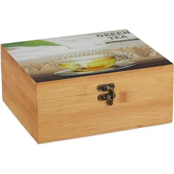 Relaxdays Teebox Bambus, 6 Fächer, 72 Teebeutel, Teedose mit Klappdeckel, Aromaschutz, HxBxT 9,5 x 22 x 18,5 cm, natur