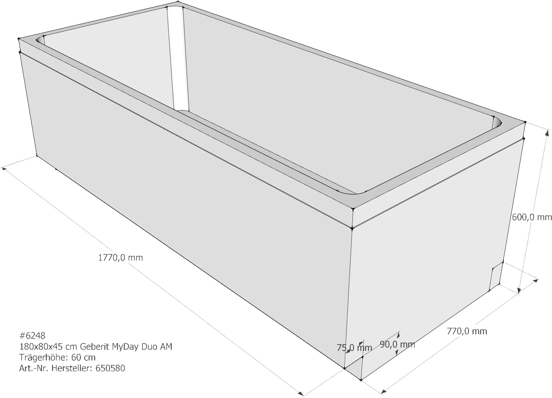 Wannenträger Keramag MyDay T450 180x80x45 cm Mittelablauf