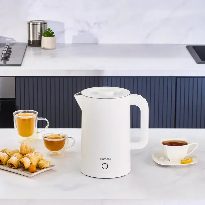 Homend Heatrow Cooltouch Wasserkocher 1,7L – Doppelwand, Leiser Betrieb, Cool-Touch-Gehäuse, Edelstahl, 2200W Schnellkochfunktion, Dreifachschutz, Weiß