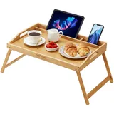 VEVOR Betttablett Tisch mit Faltbaren Beinen & Medienschlitz, Bambus-Frühstückstablett für Sofa, Bett, Essen, Snacken und Arbeiten, Serviertablett für Laptop, Schreibtisch, TV-Tablett