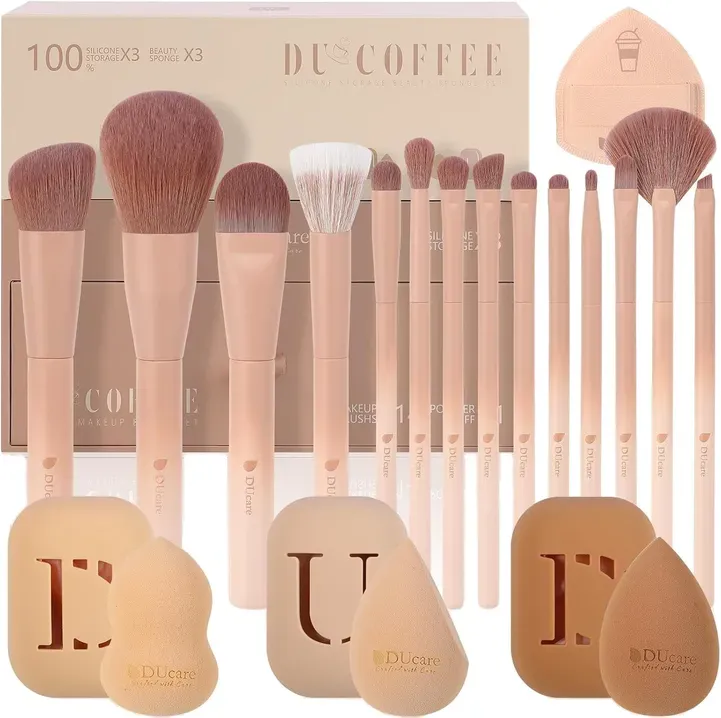 DUcare Kaffeekollektion Luxus-Make-up-Pinsel, 14 Stück, und 3 Stück Make-up-Schwämme