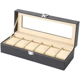 LuxusKollektion Uhrenbox Uhrenbox für 6 Uhren mit Glasdeckel aus PU-Leder Schwarz