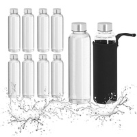 Relaxdays Trinkflasche im 10er Set, 500 ml, Glasflasche mit Hülle, Borosilikatglas, Edelstahldeckel, transparent/schwarz