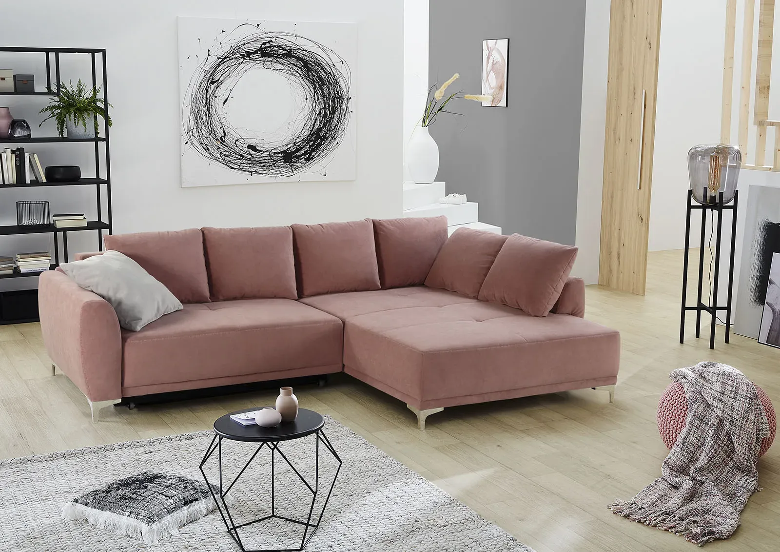 Polsterecke JOCKENHÖFER GRUPPE "Foggia L-Form" Sofas Gr. B/T: 275cm x 103cm, Samtoptik, Ottomane beidseitig montierbar, rosa (altrosa) moderne Polsterecke, mit Bettfunktion und Bettkasten 7 Kissen