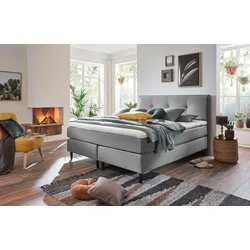 Boxspringbett GRÜNE BETTEN "Hella", grau, B:182cm L:208cm, Bezug Bett: Strukturstoff (100% Polyester), Bezug Topper: Jersey, Komplettbetten, Boxspringbett, mit Tonnentaschenfederkern-Matratze, 100% vegan