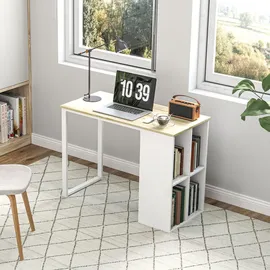 Homcom Schreibtisch Computertisch mit Ablagefächern, Moderner Bürotisch mit Stahlgestell, PC Tisch für Home Office, Arbeitszimmer, klein Raum 100 x 54 x 75 cm, Eiche