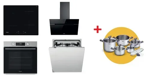 Whirlpool Backofen OMK58CU1SX + Induktionskochfeld WSQ7360NE + Dunstabzugshaube WHVP62FLTSK + Einbau-Geschirrspüler WIC3C26F SETWH28