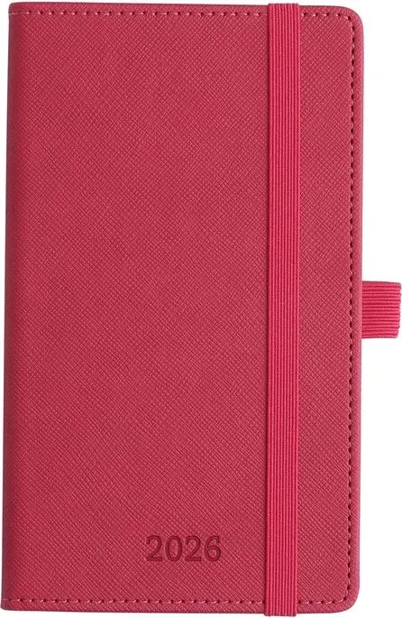 In-Luxpro Planer 2026, A6 (16,4 x 9,6 cm), Woche auf zwei Seiten, 6 Sprachen, Wochen- und Monatsplanung mit Monats-Tabs, Tasche und Ausgaben-/Notizseiten, 100 g/m2 Papier, Hardcover aus PU-Leder, rosenrot, Neujahrsofferte, Top Geschenkideen