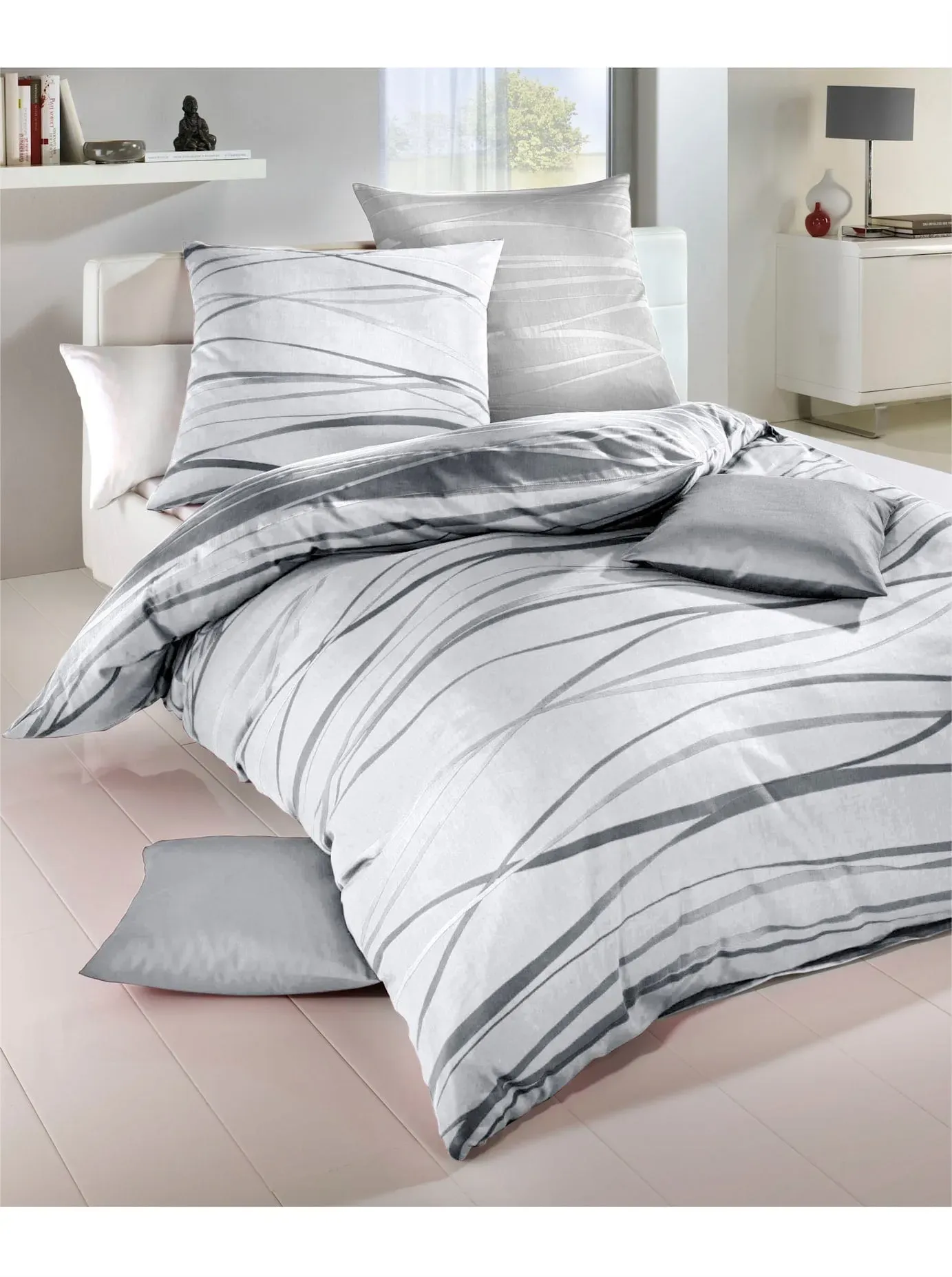 Bettwäsche KAEPPEL Gr. 7, grau (weiß, grau), B/L: 200cm x 200cm, Feinbiber, B/L: 80cm x 80cm & 80cm x 80cm, 2 Stk., Feinbiber, 100% Baumwolle, Bettwäsche, Bettwäsche