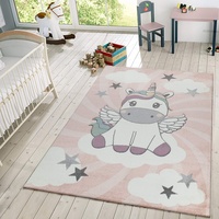 TT Home Kinderteppich Mädchen Spielteppich Niedliches Einhorn Wolken In Rosa Weiß Lila, Größe:140x200 cm
