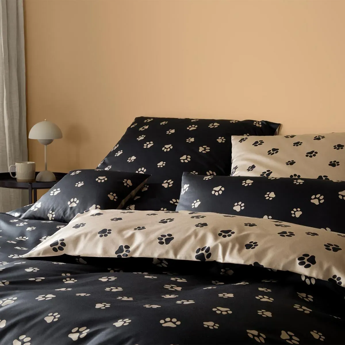 elegante Mako-Satin Bettwäsche Paws schwarz beige Kissenbezug einzeln 80x80 cm - beige;schwarz