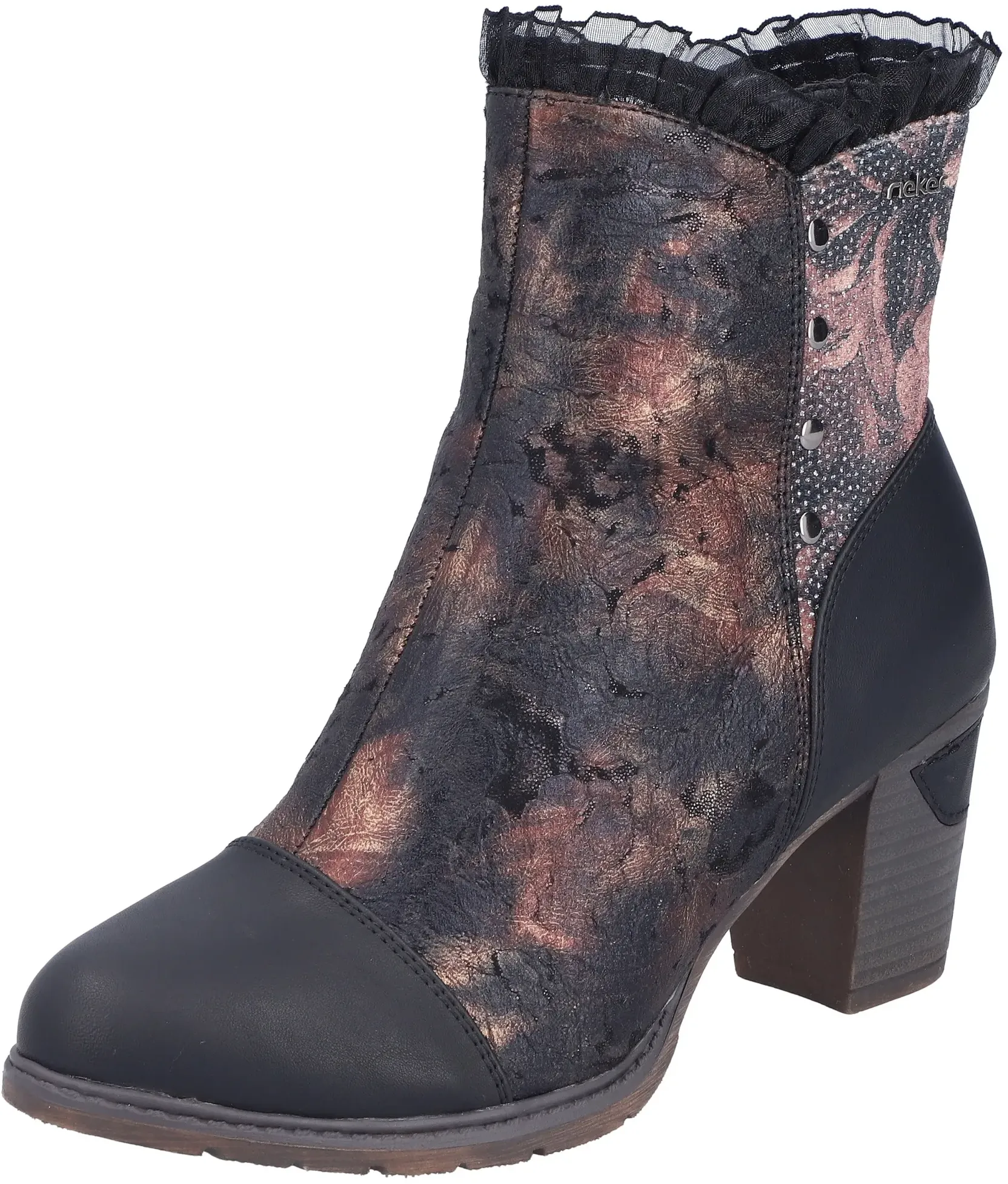 Stiefelette RIEKER, Damen, Gr. 36, schwarz, antik, Lederimitat, Textil, Antik-Look, Glanzfaden, Schuhe Stiefelette, Trachtenstiefelette, Festtagsstiefelette, Blockabsatz, mit Warmfutter