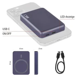 EMOS Powerbank 5 000 mAh WI 522 mit Magnet - magnetischer externer Akku mit Passthrough und Wireless-Charging USB-C-Ausgang inkl. USB-Datenkabel - für iPhone, iPad, Smartwatches - blau