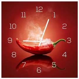 levandeo Wanduhr aus Glas 30x30cm Uhr als Glasbild Küche Gewürze Hot Chili Peperoni Deko Küchenuhr