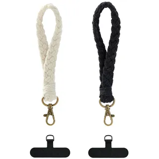 SURALIN 2 Stück Quasten-Spitze-Schlüsselanhänger, handgefertigtes Boho-Armband aus geflochtenem Baumwollseil für das Handgelenk + 2 Stück transparenter Aufnäher für die Rückseite des Telefons