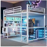 STILVORA Hochbett 140×200 mit Matratze und Schreibtisch Jugenbett Metallbett, Weiß (Gaming-Hochbett mit LED, Schreibtisch und USB-Ladestation Set-Info:, Eisengestell, Ablagefächer und Tastaturablage) für Jugendzimmer, Schlafzimmer und Gaming-Zimmer geeignet