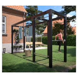 Outdoor Fitnessgerät Cubic aus Holz mit Stahlspalier und Wäscheleine in der Größe 369 x 108 x 208 cm in Schwarz