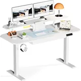 COMHOMA Schreibtisch Höhenverstellbarer Schreibtisch Elektrischer, 120x60cm elektrischer mit Schubladen, Monitorständer, Tablet-Ständer und Mauspad - Weiß