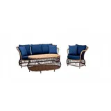 JVmoebel Sitzgruppe Sofagarnitur Sofa 3 Sitzer Luxuriöse Rattan Moderner Blau Sessel, (3-tlg., 3tlg Set(Sofa 3 Sitzer+Sessel+Couchtisch), Made in Europa blau