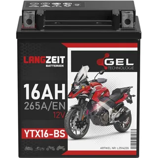 LANGZEIT YTX16-BS GEL Motorradbatterie 12V 16Ah 265A/EN Gel Batterie 12V 51422 YTX16-4 YTX16BS ETX16-BS auslaufsicher wartungsfrei ersetzt 14Ah