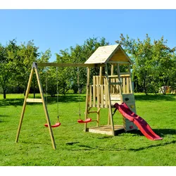 Wendi Toys Holz Spielturm Salamander | inkl. Rutsche, Kletterwand und 2 Schaukeln | Natur | 290x340x270 cm