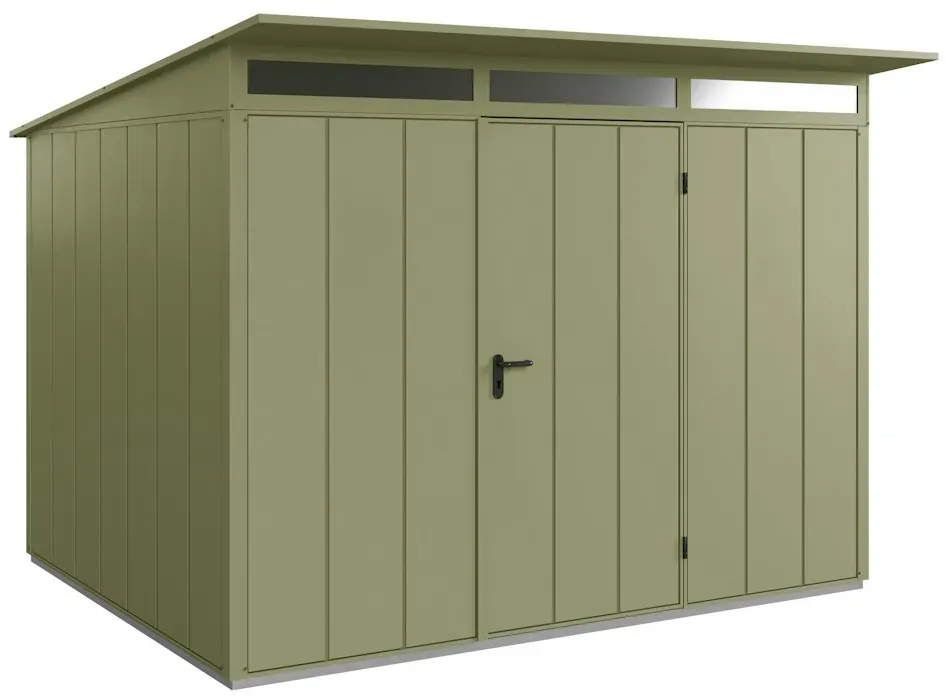 Hörmann Metall-Gerätehaus Berry mit Pultdach B 302 x T 238 cm (Typ 3), Motiv Modern (mit breiten Lamellen), Einzeltür Türanschlag rechts, Schilfgrün (RAL 6013)