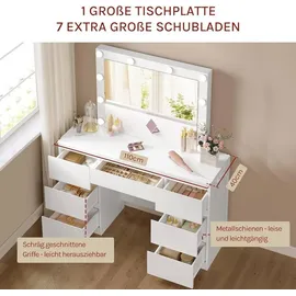 Woltu Schminktisch mit Spiegel LED-Beleuchtung, Steckdose, 7 Schubladen, Weiß