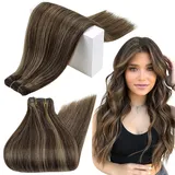 RUNATURE Echthaar Tressen Zum Einnähen Braun Highlights 40cm Tressen Echthaar Dunkelbraun mit Aschbraun Extensions 100g Tressen Extensions Echthaar Remy Menschliches Haar #2P8A